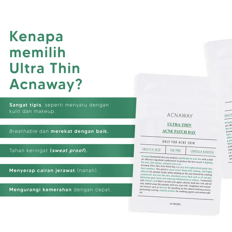 ACNAWAY Ultra Thin Acne Patch – Plester Jerawat Tipis untuk Wajah & Muka | Acne Spot Treatment Memudarkan Jerawat, Tahan Keringat, Menyatu dengan Makeup with Salicylic Acid + Tea Tree + Centella 1