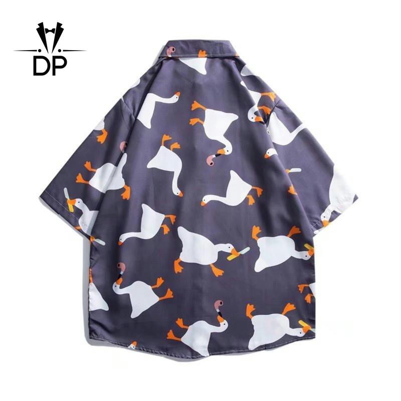 Product Introduction of Men Duck Print Short Sleeved Shirt Korean Version Of Fashionable  Unisex Harajuku Style Simple Top Loose Half Sleeved Shirt Men Large Size Shirt Tide Clothes 33