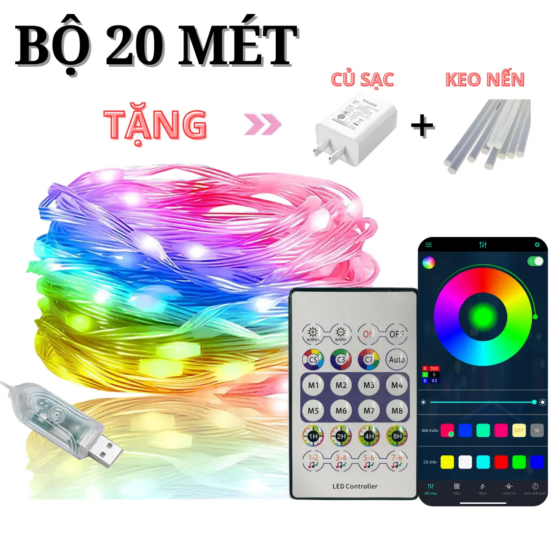 (Tặng Nguồn)Led đuổi 20 mét - nháy theo nhạc - 16 triệu màu điều khiển
