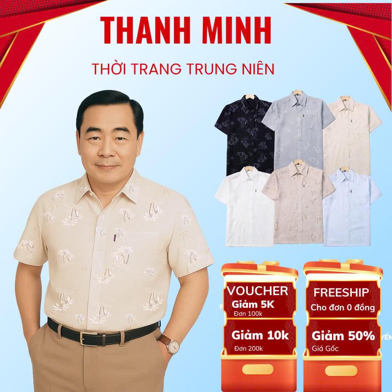 Áo Sơ Mi nam trung niên Ngắn tay form rộng Tomen vải đũi có túi họa tiết hình cây dừa, mềm, mát, không nhăn.
