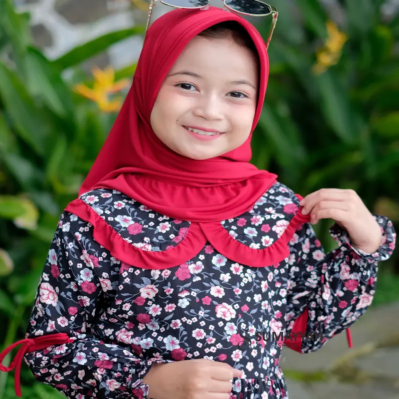 Gamis Rayon Anak Motif Bunga Set Jilbab Jersey Baju Muslim Perempuan Usia 3-10 Tahun 5