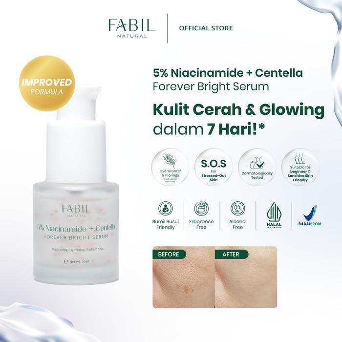 Gambar Fabil 5% Niacinamide + Centella Forever Bright Serum - 20ml - Mencerahkan Menghilangkan Noda Hitam Meratakan Warna Kulit Wajah Tetap Terhidrasi Sepanjang Hari Dan Sehat Dengan Kandungan Niacinamide Cica Licorice Cocok Untuk Segala Jenis Kulit dari Fabil Natural Kota Bogor Tokopedia