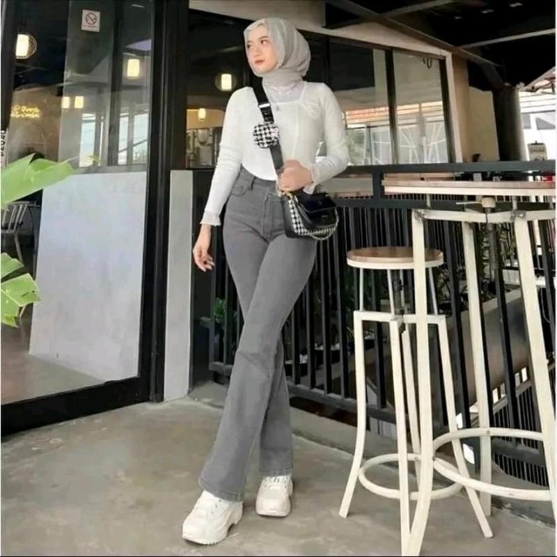 Celana Jeans Cutbray Abu Highwaist Slimfit Stretch Premium Quality Denim Panjang Wanita Melar manis light grey Korean regular kulot 1