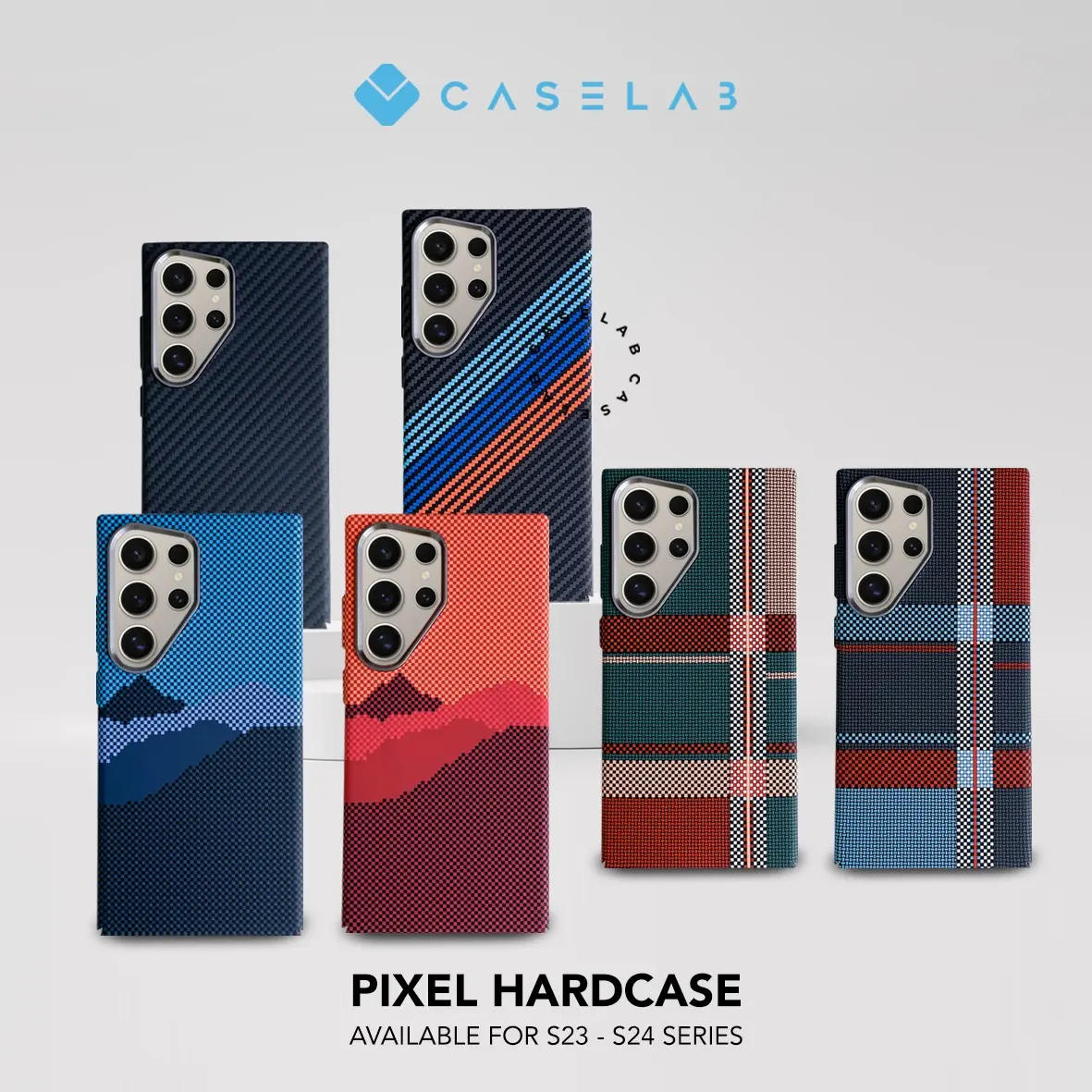 CASELAB - PIXEL CARBON MOUNTAIN TARTAN BRITISH DESIGN CASE MAGNETIC SMSG COMPATIBLE FOR S25 ULTRA S25 PLUS S25 S24 ULTRA S24 PLUS S24 S 24 S23 ULTRA S23 PLUS S23 S 23 HARDCASE PC PIXEL DESIGN CASING PELINDUNG HANDPHONE Bumper Blue