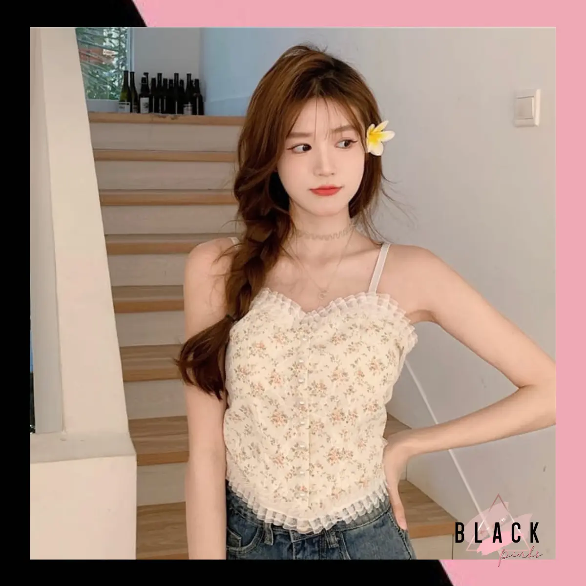 Blackpink Tanktop Kamisol Vintage Vest Wanita Atasan Korean Lace Pearl Renda 1131