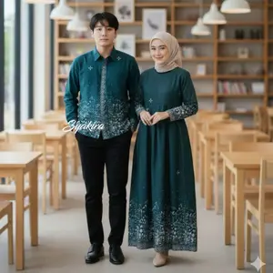 Batik Syakira Baju Batik Couple Sarimbit Pasangan Terbaru Gamis Kemeja Lengan Panjang Motif Sutena Emerald  COD Freongkir Gamis Wanita Pria