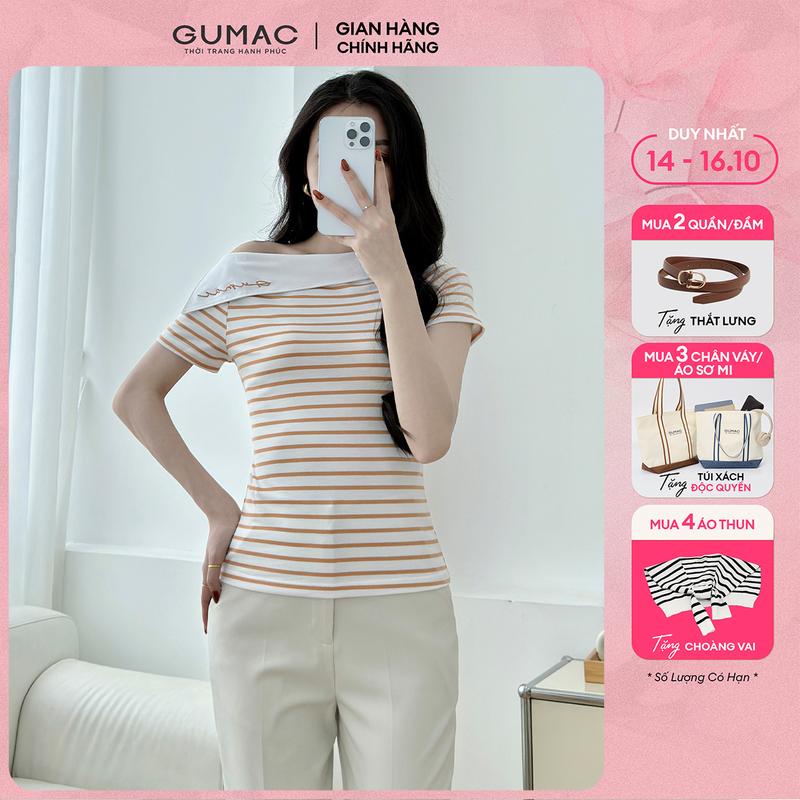 [MUA 4 TẶNG KHĂN CHOÀNG] Áo thun nữ kiểu lệch vai tay ngắn màu xanh sọc ngang thêu chữ thời trang GUMAC LAF0815