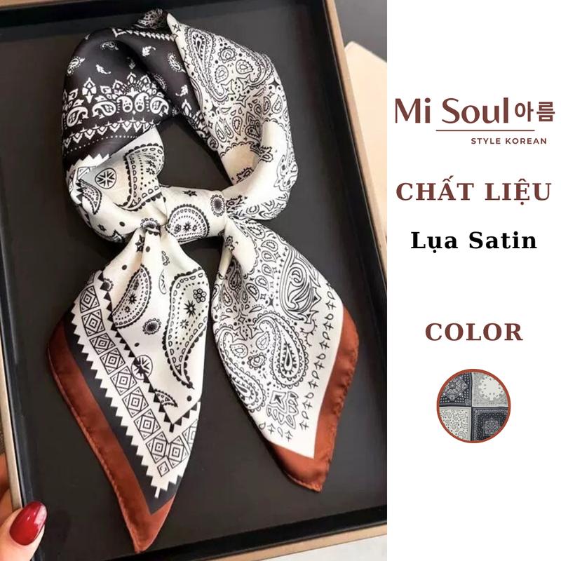  Khăn Vuông Bandana Họa Tiết Paisley MiSoul 70x70cm Chất Satin Mềm Nhẹ Viền Nâu Trầm Cá Tính 465 