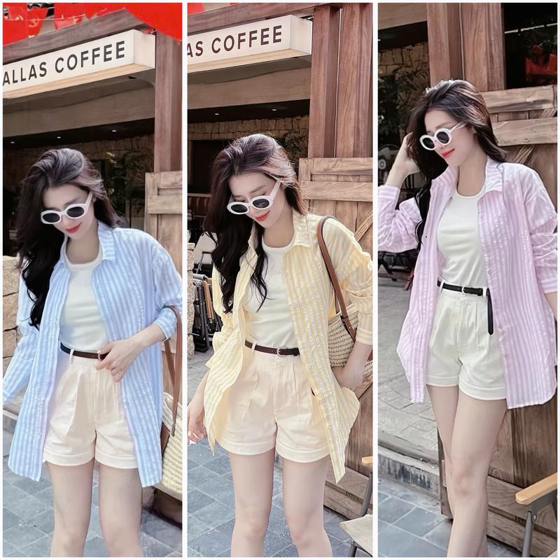 [S467] Set Áo Sơ Mi Sọc Thêu Ba Lỗ Kèm Quần Short Đai Kho Sỉ Nguyễn Bảo Ngọc