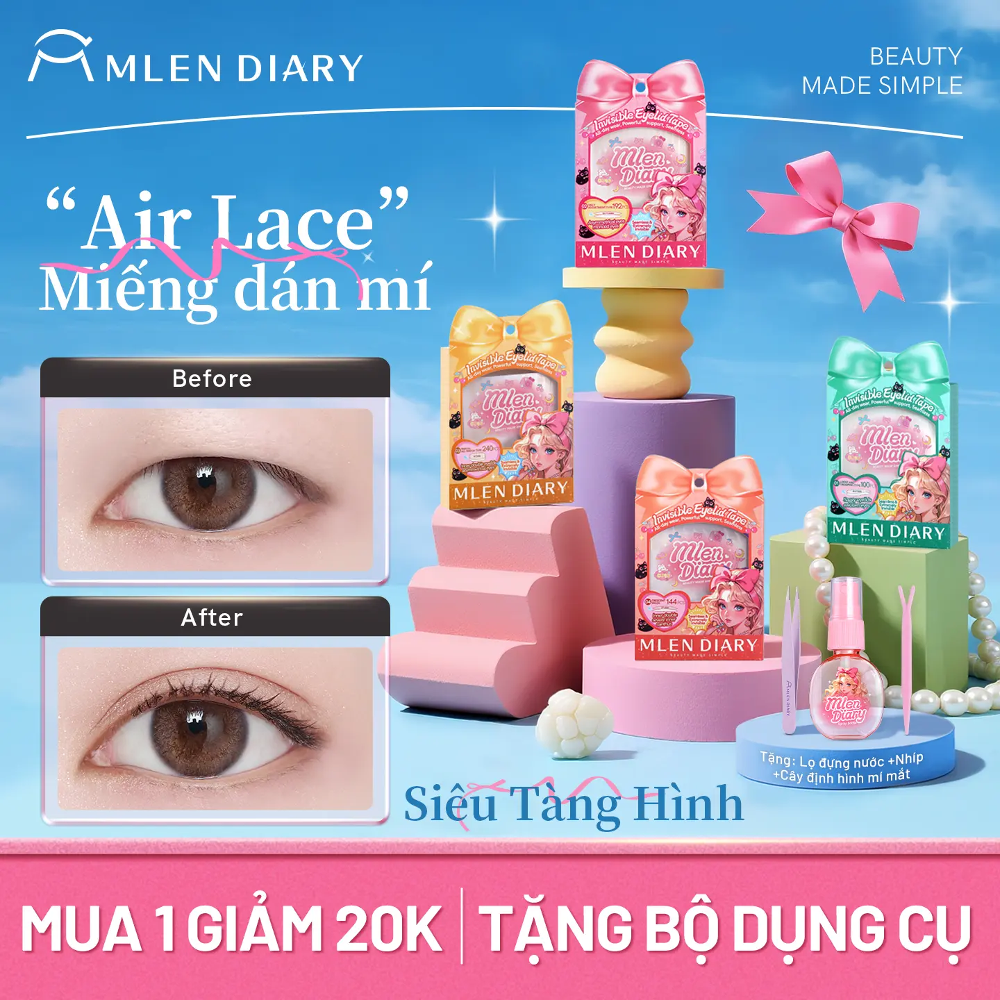 Mlen Diary - Miếng Dán Kích Mí Lưới Tàng Hình Tự Nhiên Phù Hợp Cho Mọi Dáng Mắt, Nhiều Lựa Chọn Dễ Dùng Cho Người Mới Bắt Đầu, Kích Mí Không Gây Lộ, Tự Nhiên Cả Khi Không Makeup