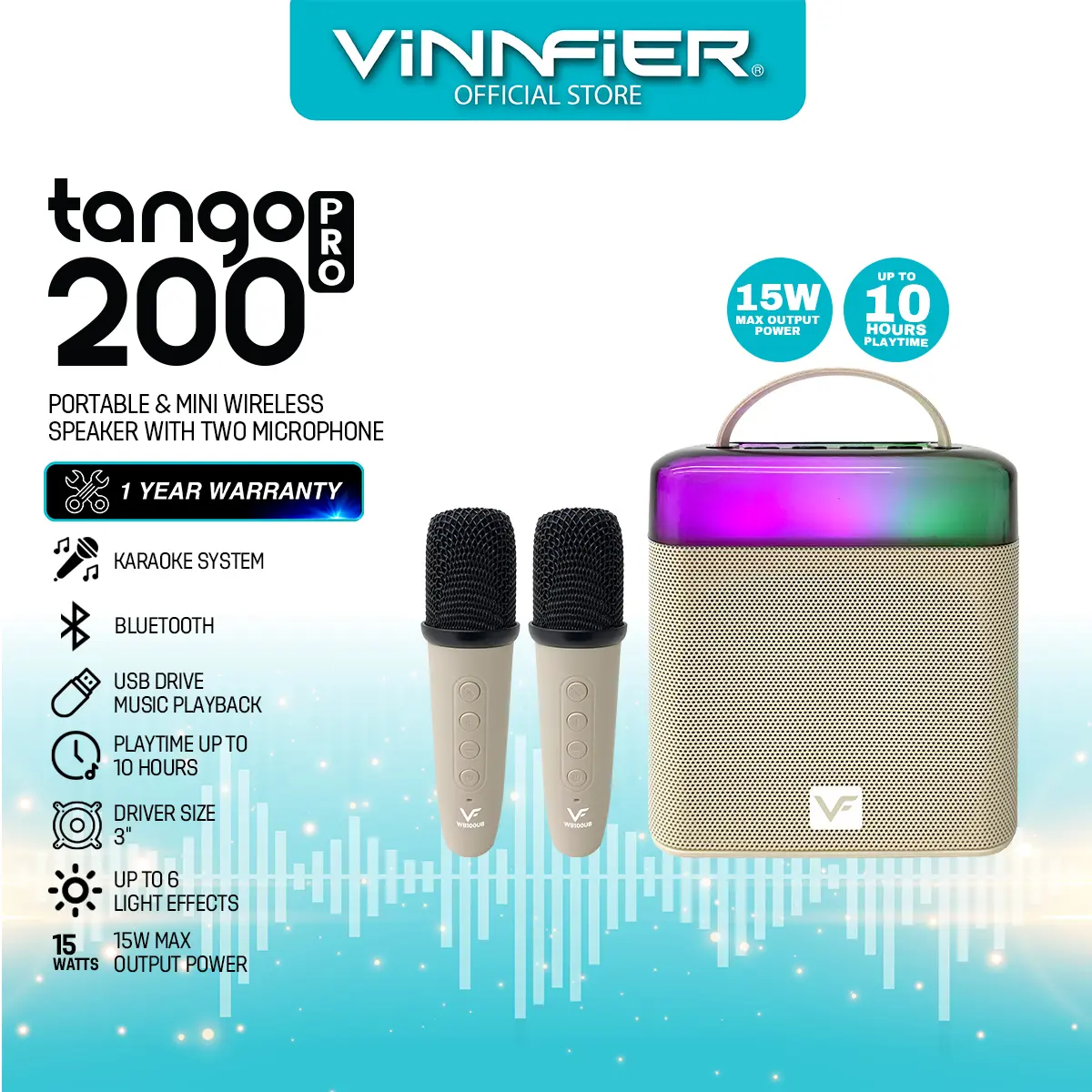 VINNFIER TANGO 200 PRO Portable & Mini Wireless Speaker Karaoke Function with 2 Wireless Microphone Audio Bluetooth Rechargeable Card Charging Usb Smartphone Cable vinn fier