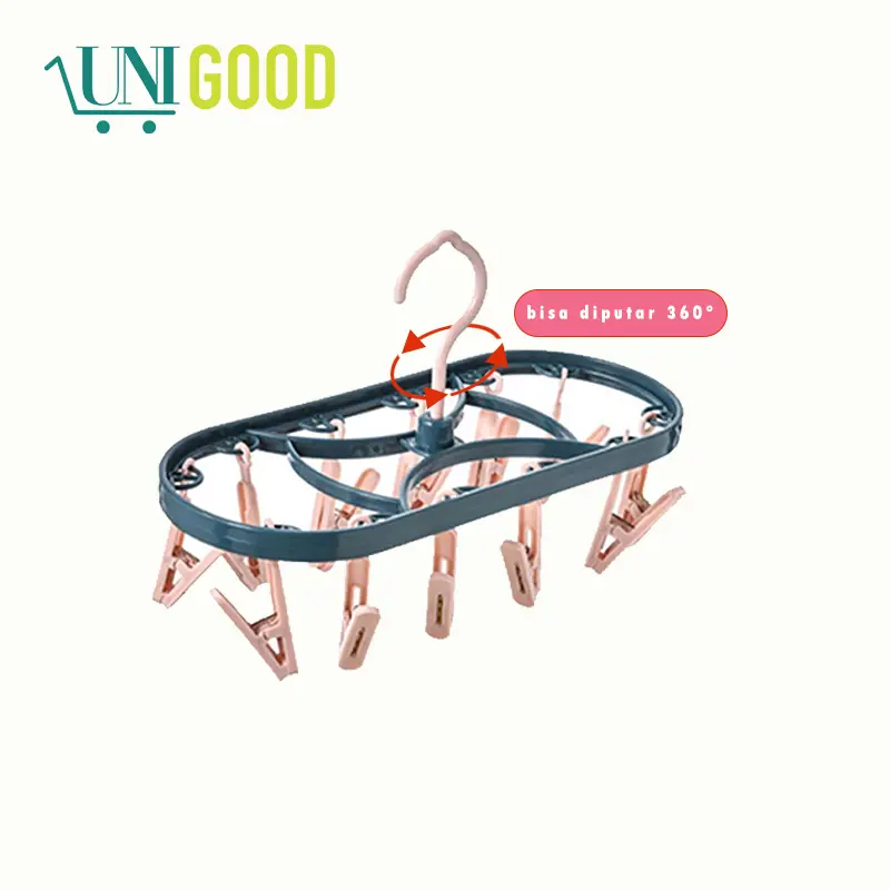 UNIGOOD - Gantungan Jepit Jemuran Hanger Kaos Kaki 12 Pcs Klip Bisa Diputar Jepitan Serbaguna