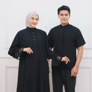 Hawa Abaya Set - Couple Sarimbit Abaya & Koko Mix Burkrat Renda Bahan Jatblack Premium - Sarimbit Terbaru Lebaran Series 2026