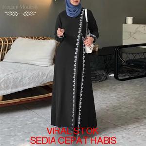 Gaun Abaya Sulam Muslimah Lengan Panjang A-Line, Bahan Polyester 95%, Reka Bentuk Retro Mewah, Poket Sisi, Round Neck dengan Renda, Saiz S-XXL, Warna Hitam Biru Ungu, Item Viral 2026