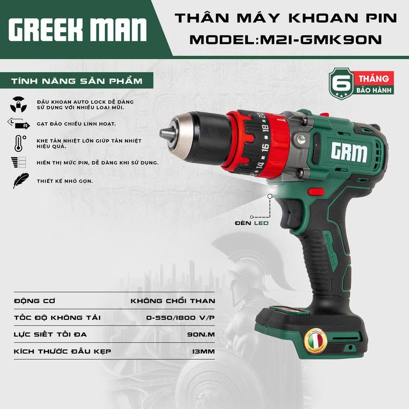 Thân Máy khoan 13mm Greekman lực siết 90N hàng chính hãng chất lượng cao chân pin phổ thông chưa gồm pin sạc