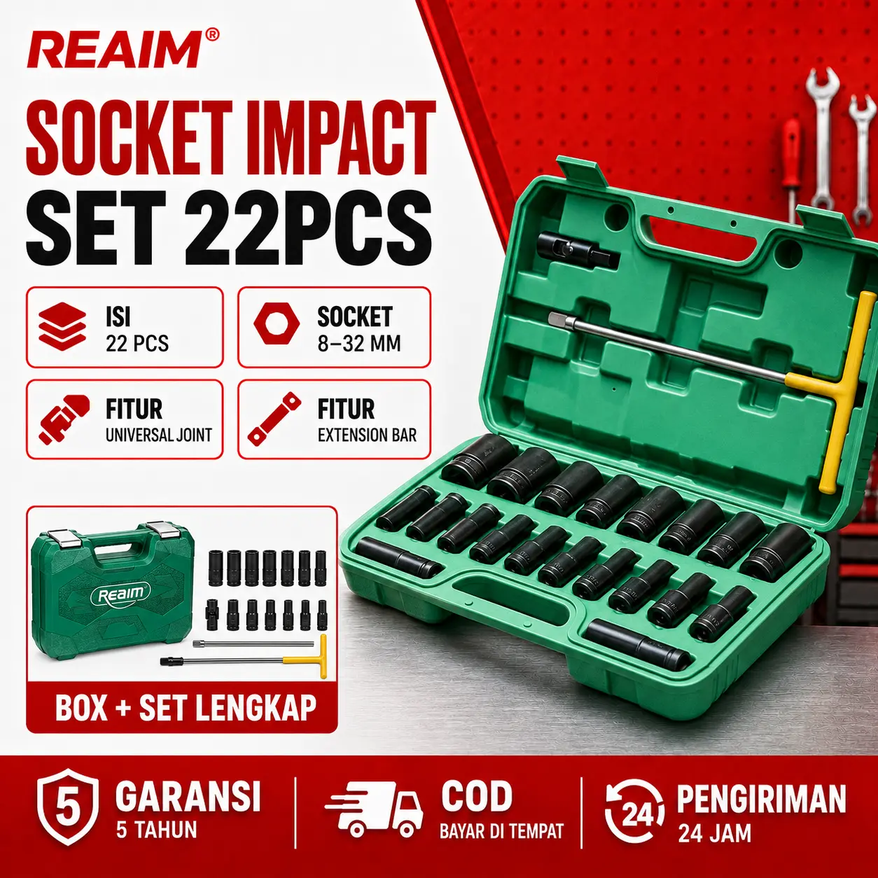 REAIM Impact Socket Set 22PCS 1/2 Inch 8-24mm Mata Socket Impact Kunci Shock Set Mata Sock Socket Wrench Set 6PT