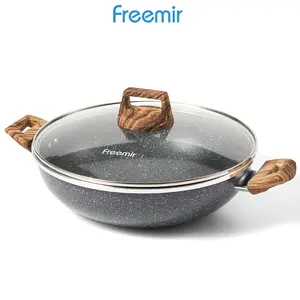 [Crehom] freemir WajanPenggorengan 30 cm Wajan Anti Lengket Kapasitas 3.5 L Set Wajan+Tutup Kaca Bahan Batu Granit Hitam Alas Single Bottom Wajan Penggorengan PFOA Free Peralatan Dapur Serbaguna Kitchenware Premium