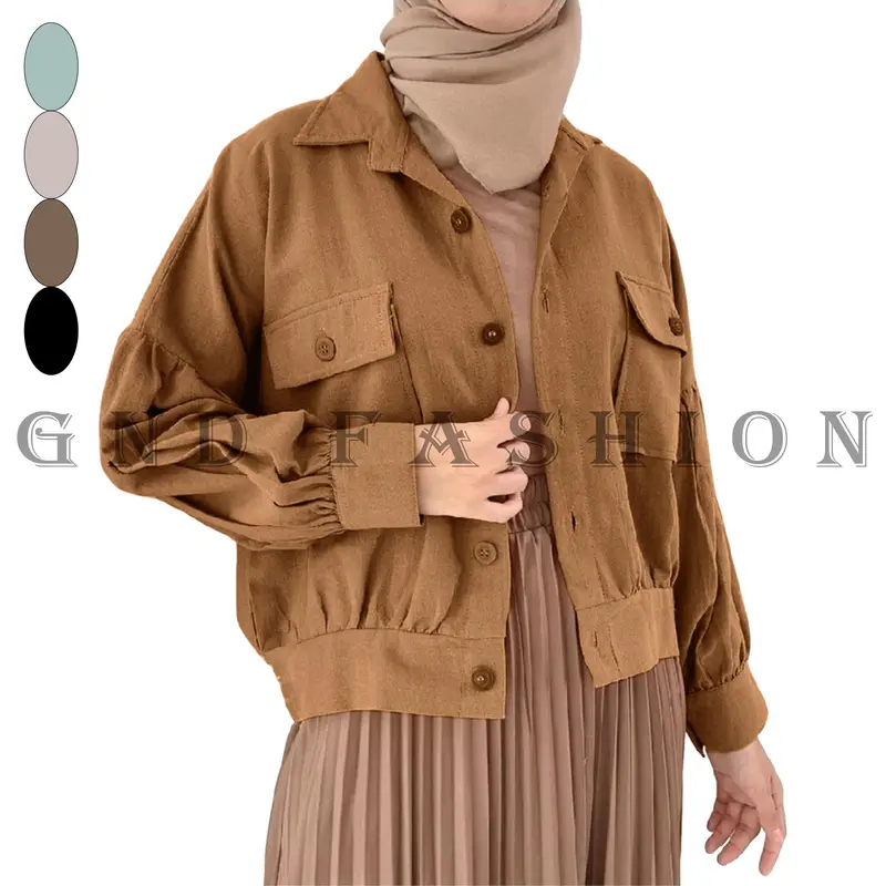 GNDFashion Atasan Baju Wanita Kemeja Saku Kancing Outher Crop Lengan Panjang Poli Linen - Casual Katun 0