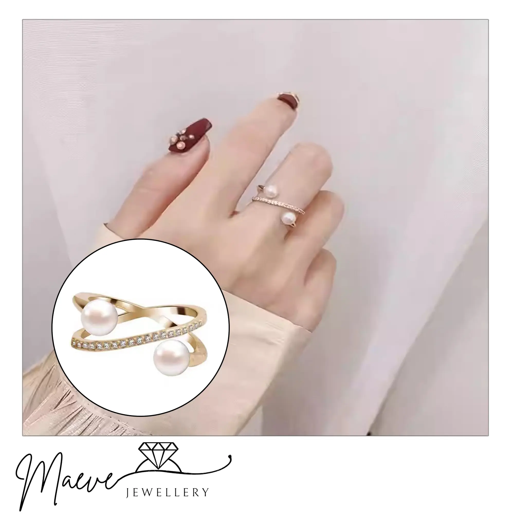 MAEVE J094 Cincin Titanium Wanita Rosegold Model Terbuka Mutiara Anti Karat Anti Luntur Aksessoris Fashion