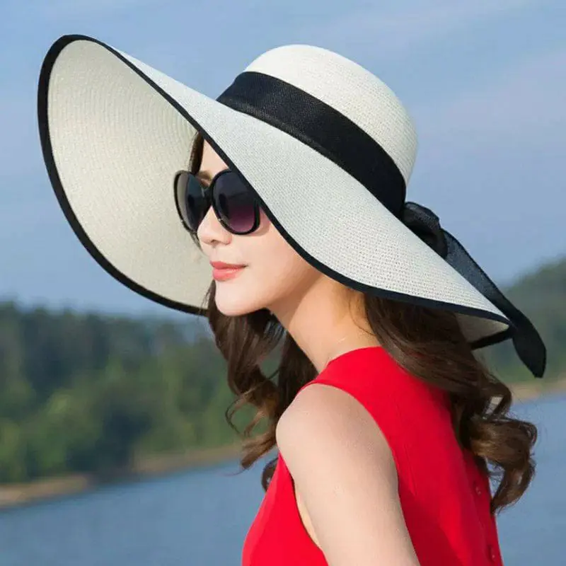 LUFFYSTORE.ID - Topi pantai lebar wanita list hitam Floppy musim panas pelindung dari sinar matahari BISA COD 5