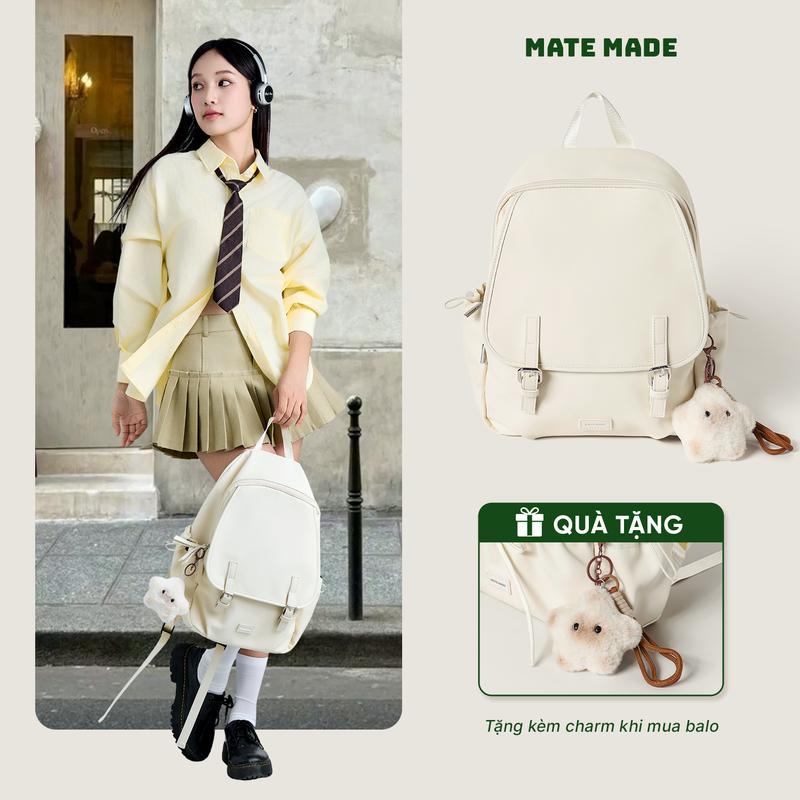 Balo Mystic Nắp Gập size 35 MATE MADE - Tặng kèm charm - Ba Lô Thời trang nữ đi học, đi làm chống bẩn, chống nước - đựng laptop 13inch, tiện lợi, đa năng, dáng Hàn Quốc