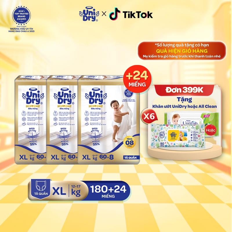 Combo 3 Tã quần UniDry Supreme siêu mỏng chỉ 2mm size M/L/XL/XXL + 24 miếng Cho Bé