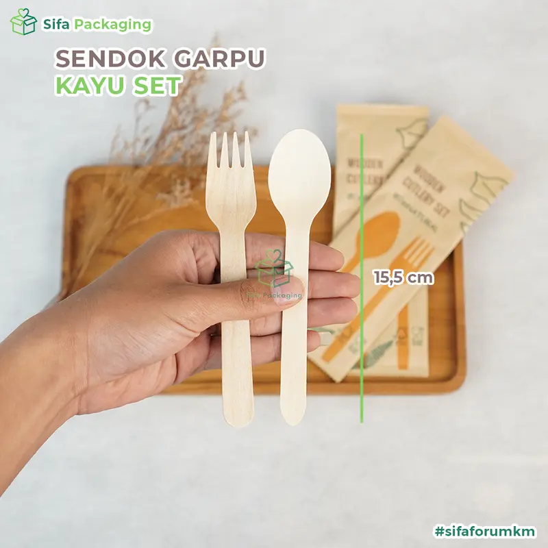 Set Sendok Garpu Kayu Steril Sendok Kayu Set Sekali Pakai Alat Makan Set Premium Bungkus Kertas 3