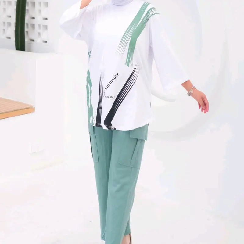 baju cewek oversize lengan panjang one set celana cargo bahan cm20s casual remaja Combed Karet Sablon 0