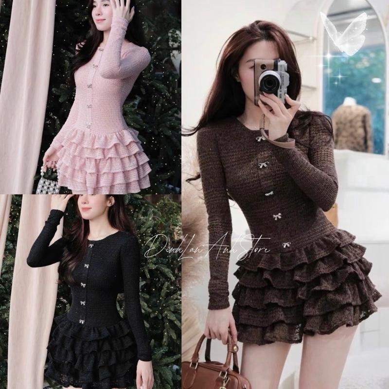 Váy Len Ren Tay Dài đính tag nơ xoè tầng xinh tiếu thư dễ thương - DinhLanAnhStore