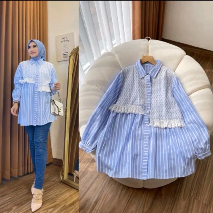 Salur Kombinasi Brukat Renda /Salur Blouse Alea /Atasan Kemeja Wanita Trendi Katun Motif Formal