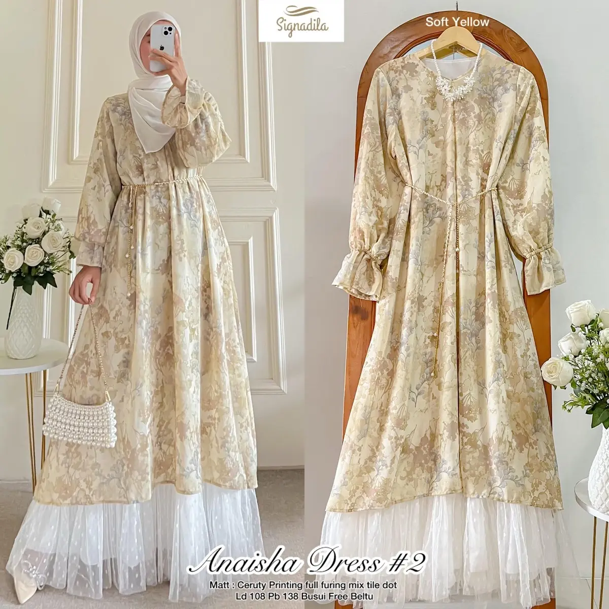GAMIS DRESS ABAYA FASHION MUSLIMAH BAHAN CERUTY PRINTING FULL FURING MIX TILE LD 108-ANAISHA DRESS