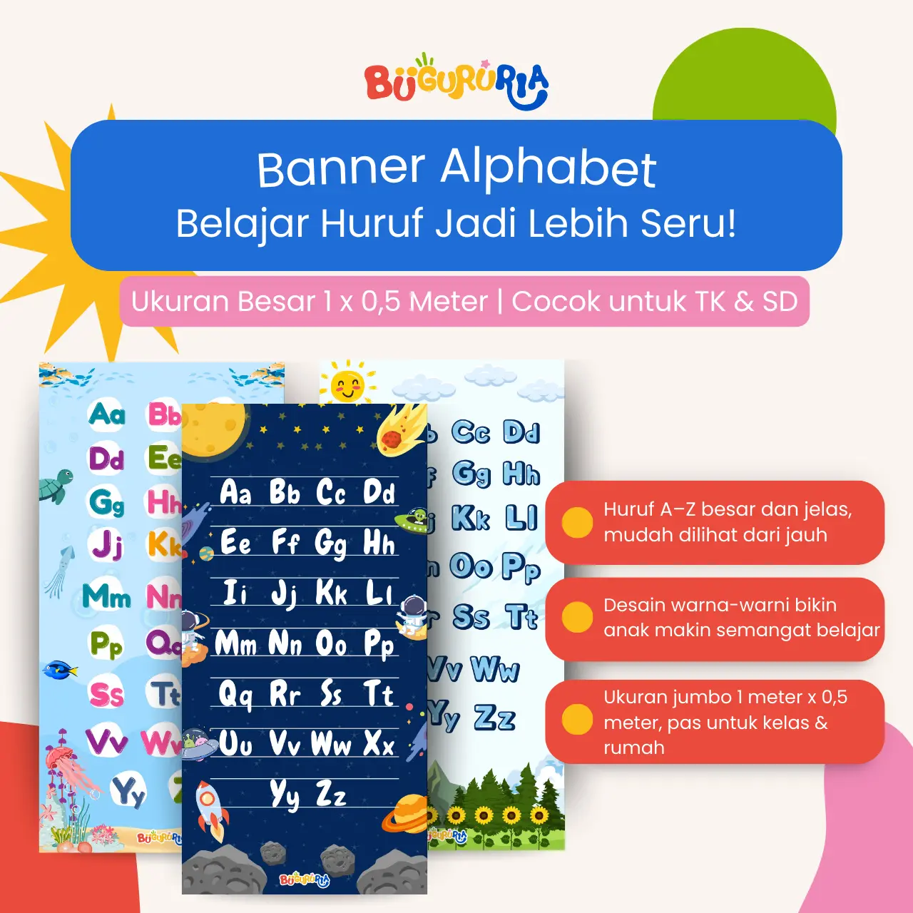 Bu Guru Ria - Dekorasi Banner Alphabet Anak Ukuran 1M x 0,5 M – Belajar Huruf A–Z Besar Warna-Warni TK SD