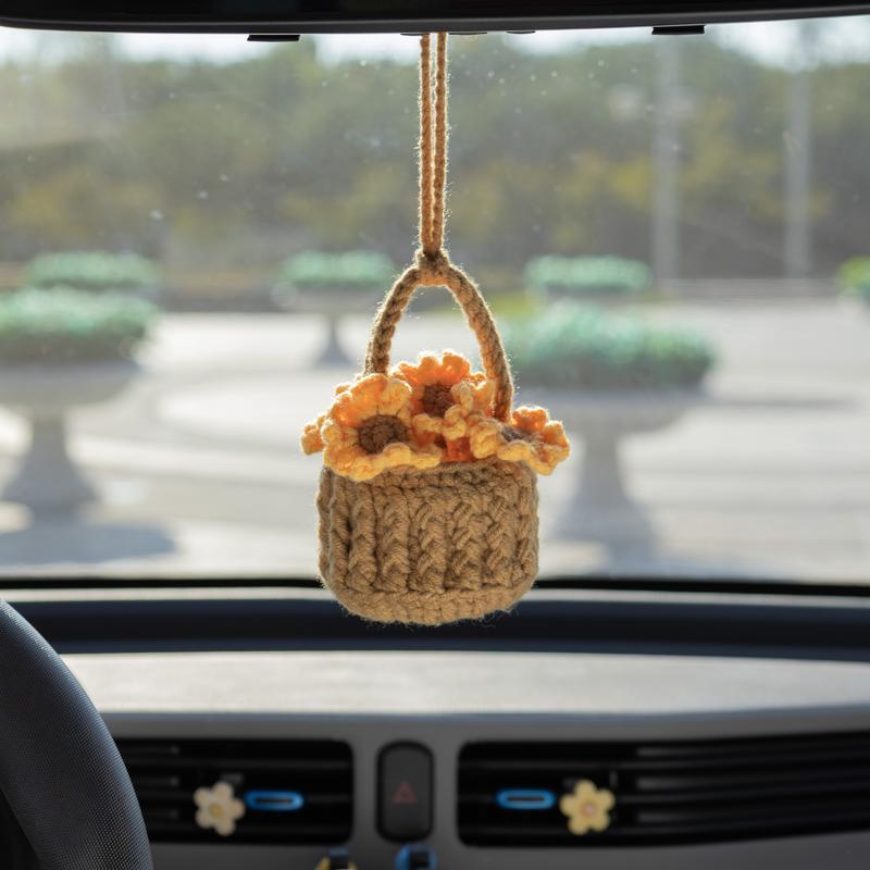 YSHomy Crochet Car Hanging with Crochet Flower Basket for Car Decor, Crochet Sunflower Rose Basket Hanging for Car Mirror 5