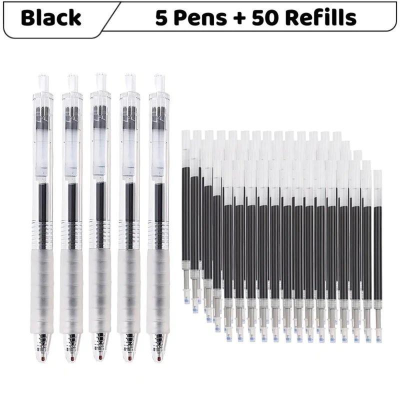Bộ Bút Gel, 5 Bút Và 50 Nạp, Phong Cách Đơn Giản, Dung Tích Lớn, ST Hai Hạt Đầu Lò Xo, Bút Bi Lăn Nhanh Khô, Tay Cầm Mềm, Bút Ký Bảo Vệ, Bao Gồm Bút Gel