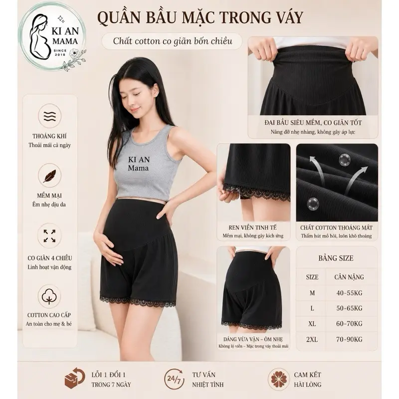 Quần Bầu Mặc Trong Váy Ki An Ms 01 Chất Cotton Co Giãn 4 Chiều, thoáng khí. Quần trong váy bà bầu có chun chỉnh . Quần bầu Váy Bầu Đầm Bầu Sandal