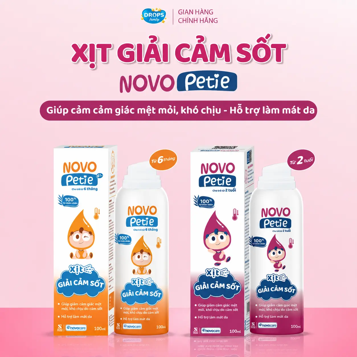 Xịt giải cảm sốt Novopetie giảm khó chịu do cảm cúm, làm mát, lọ 100ml