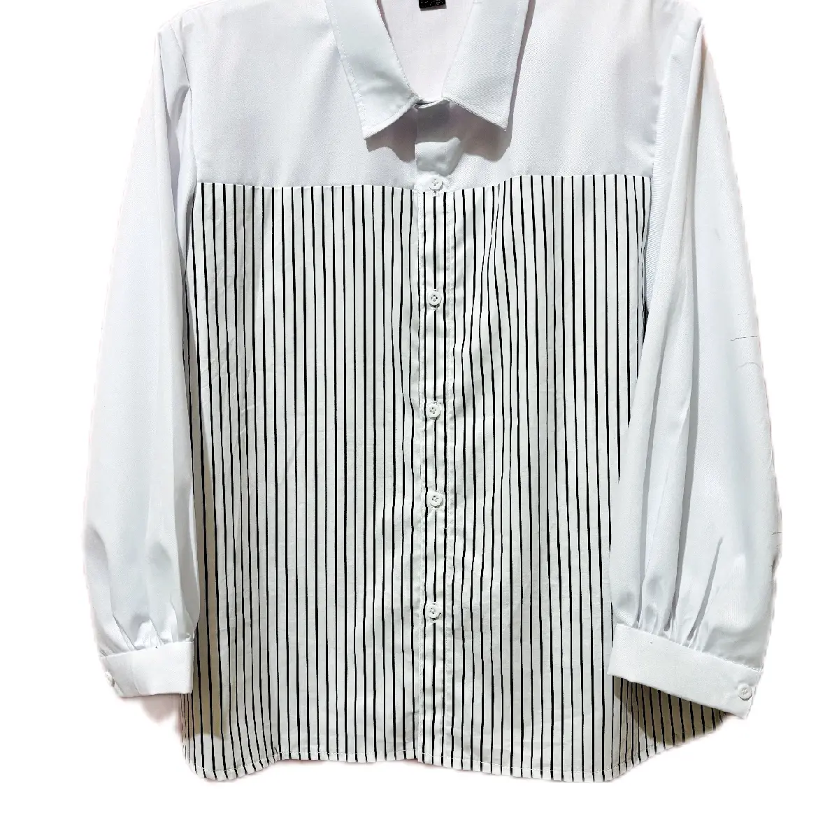 Kemeja Wanita Kombinasi Salur Lengan Panjang - Shakila - Hitam, Katun, Atasan, Dewasa, Cewek, Casual, Baju, Crop, Garis