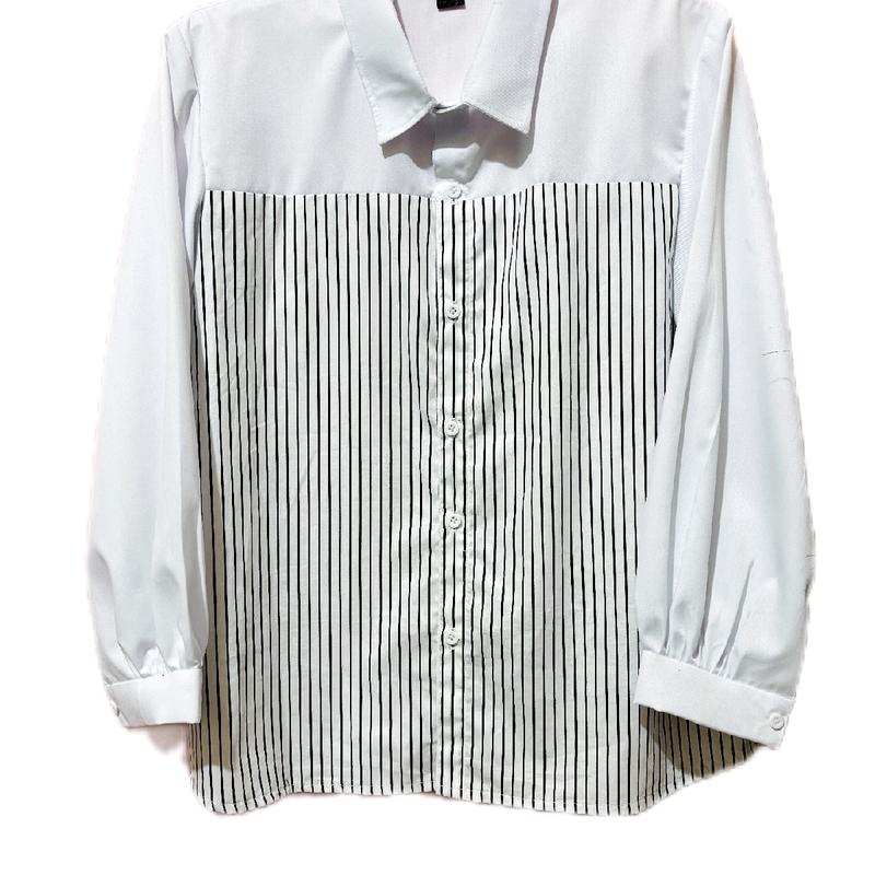 Kemeja Wanita Kombinasi Salur Lengan Panjang - Shakila - Hitam, Katun, Atasan, Dewasa, Cewek, Casual, Baju, Crop, Garis 0