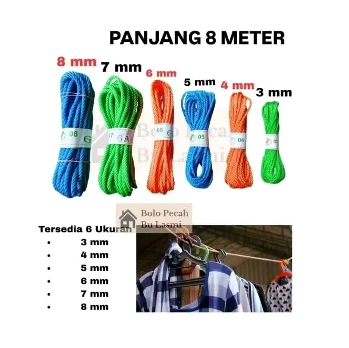 MURAH (8 Meter Full) Tali Tambang Tampar Dadung 3mm 4mm 5mm 6mm 7mm 8mm / Tali Jemuran / Tali Dadung / Tali Tampar