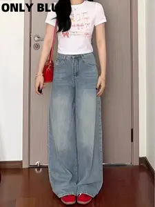 ONLY BLUE Celana jeans high waist wanita korean style Jeans baggy pants Serbaguna Kasual Biru Retro