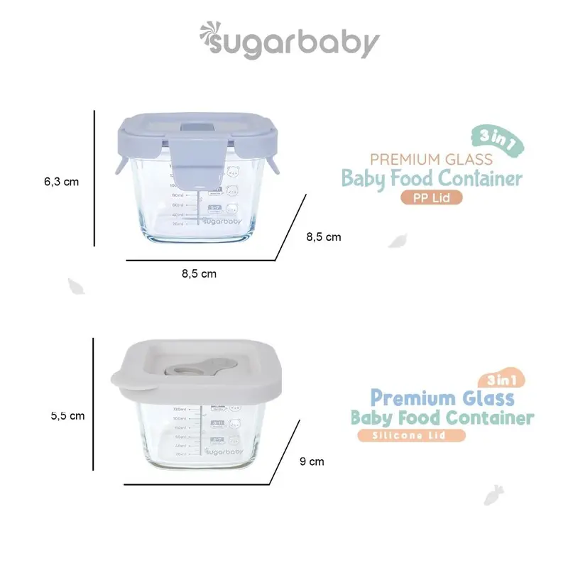 SUGARBABY Premium Glass Jar Baby Food Container 3 pcs BPA FREE | SugarBaby Peralatan Makan Bayi MPASI | Sugar Baby Wadah Mangkok Bayi Silicone Lid & Plastic Lid 7
