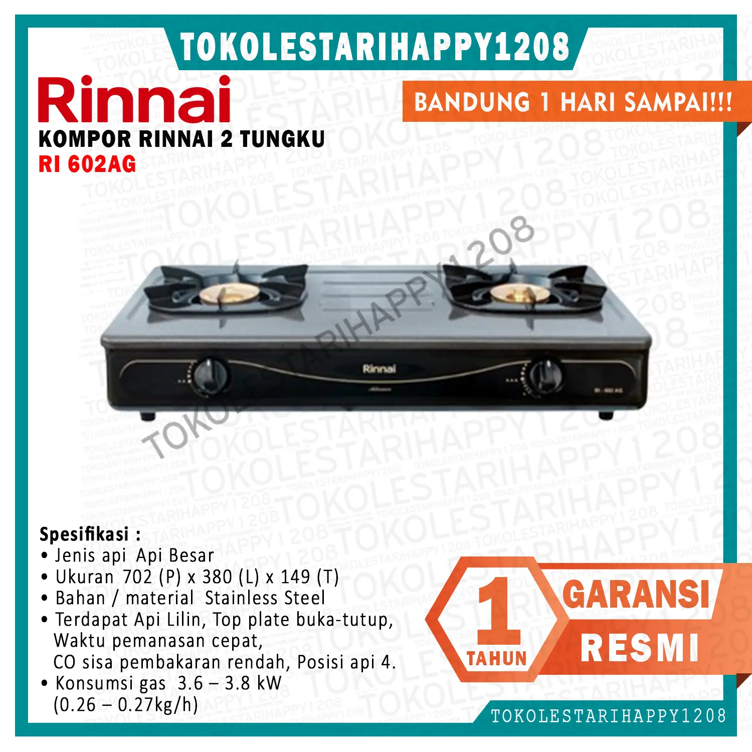 Rinnai Kompor Gas 2 Tungku RI 602AG Garansi Resmi