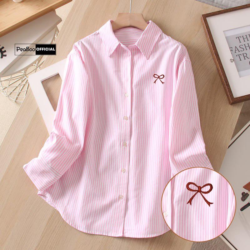 Áo Sơ Mi Kẻ Thêu Hoa BST04 Dài Tay Unisex By PEABOO Form Rộng Thoáng Mát Dành Cho Nam Nữ