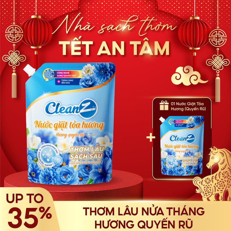 MUA 1 ĐƯỢC 1 Combo Nước Giặt Tỏa Hương CleanZ Công Nghệ Sạch Sâu Lưu Hương Lâu Dài Bảo Vệ Màu Quần Áo Túi Giặt Dung Tích 2L Làm Sạch