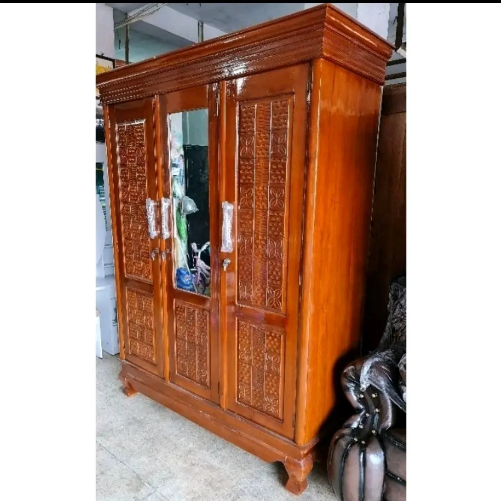 Lemari pakaian 3 pintu kaca setegah ukiran minimalis ful kayu jati asli cahayajatifurniture