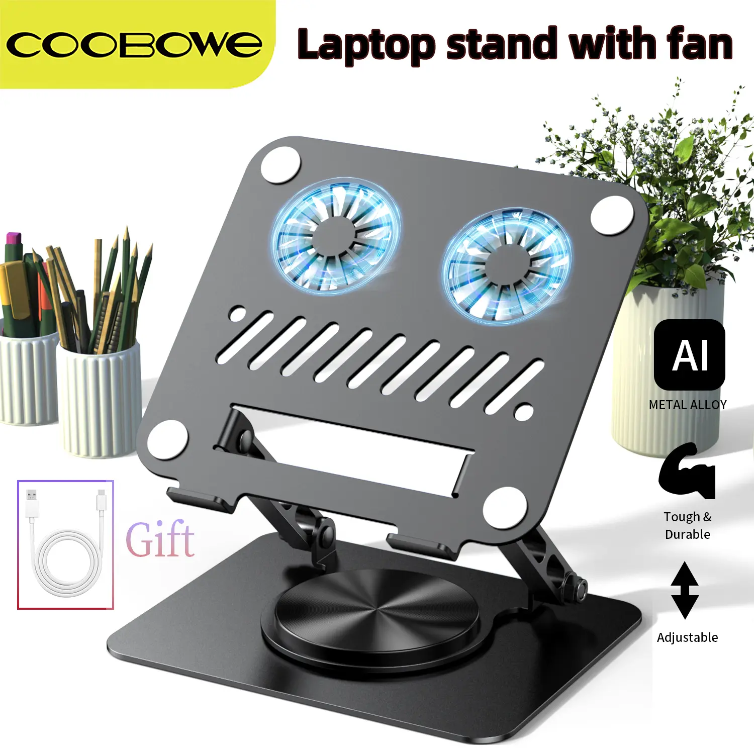 COOBWE Aluminium Cooling Laptop Stand 360° Rotatable Bisa Dilipat Portable Laptop Stand with Fan Dudukan Notebook Desktop Stand Komputer Computer 9-17 Inci Anti Slip & Stabil dengan Pendingin Turbin Kembar
