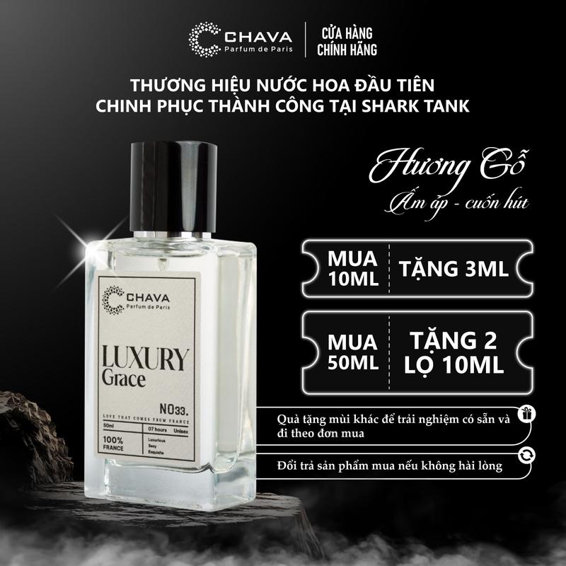 [Nước Hoa Unisex Ấm Áp, Hương Gỗ] CHAVA LUXURY GRACE 33 (l.la.bo33) Mùi Hương Gỗ Ấm Áp, Sang Trọng, Tinh Tế - Phong Cách Gợi Cảm, Cuốn Hút, Cá Tính - Chính Hãng, Lưu Hương Lâu 6-8h/Da & 3-7 Ngày/Quần Áo, Tiêu Chuẩn Pháp, Perfume Xịt Thơm