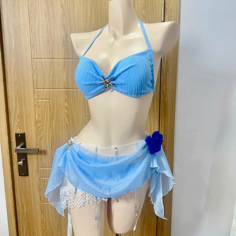 Set Bikini set đi biển 3 món Áo buộc dây đính SAO BIỂN quần giác kèm quây lanbishop LB48
