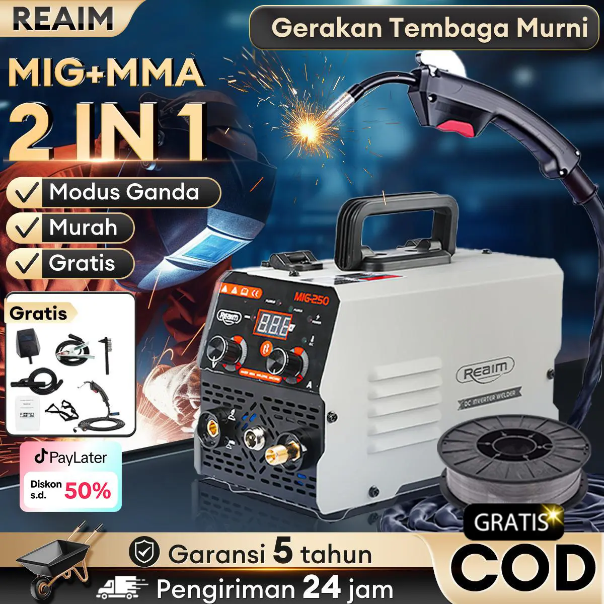 Reaim 120A Mesin Las murah Daya Rendah pengelasan Mesin las Listrik trafo las welding inverter Las Tanpa Gas Travo Inverter MIG 250 mesin las Bisa COD las  bakar
