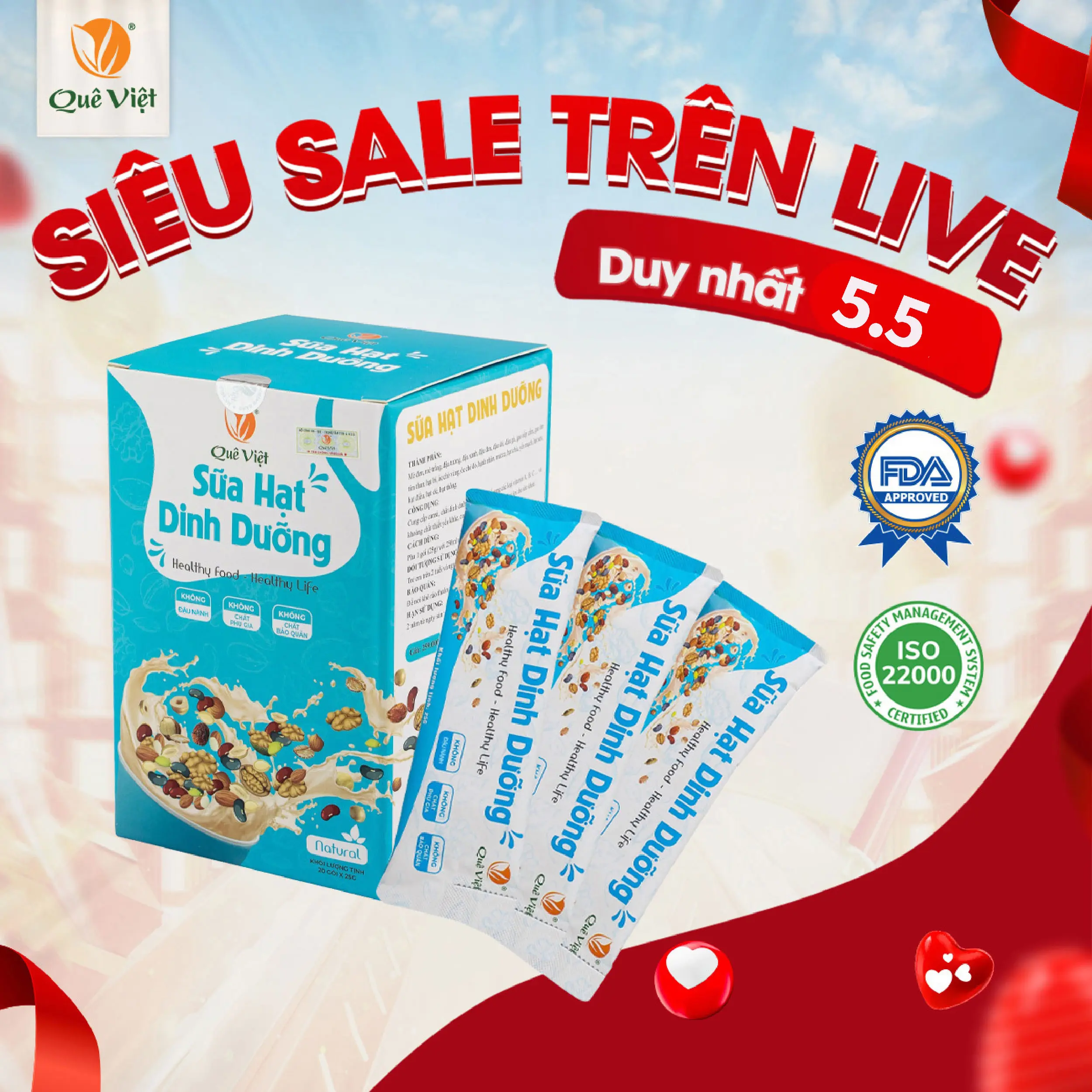Sữa hạt dinh dưỡng Quê Việt - Hộp 500G (20 túi x 25G) - Không đậu nành